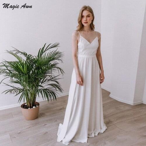 Magic Awn 2021 Bohemian Wedding Dresses Pearls Beaded Illusion A-Line Beach Wedding Party Gowns Sweep Train Abito Da Sposa