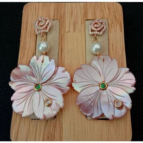 YYGEM natural Carved Pink Mop Shell Flower drop White Freshwater Pearl Cz pave flower Dangle Earrings cute style for women