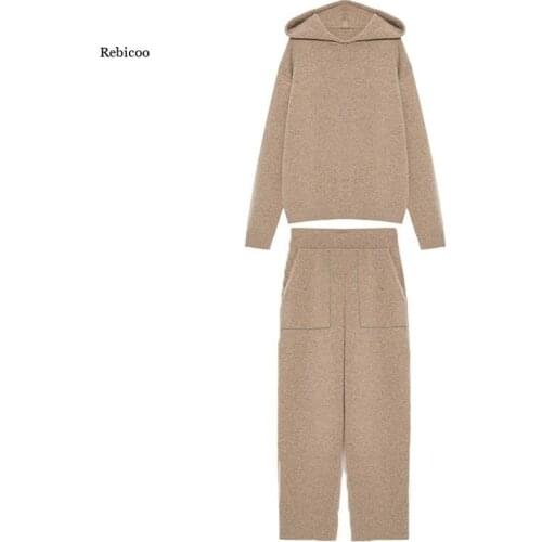 Womens Suit Hooded Knitted Pullover + Pockets Patchwork Pants Autumn Winter Casual Fashion Two-Piece Set New