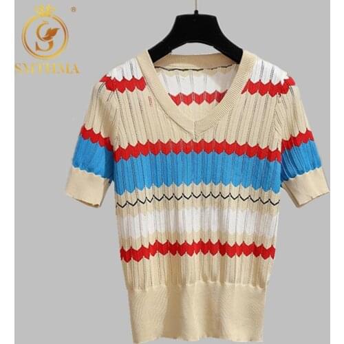SMTHMA 2020 New Summer Women Knitted Sweaters Short sleeve V Neck stripe Ladies Woman Casual Sweater Tops