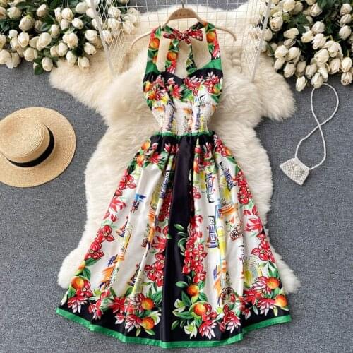 Summer New Halter Backless Women Sexy V-Neck Beach Dress 2021 Runway Floral Print High Elastic Waist Party Vestidos