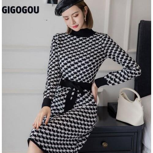 GIGOGOU Houndstooth Women Long Knit A Line Dress Autumn Spring Half High Collar Pollover Sweater Dresses Christmas Party Dress