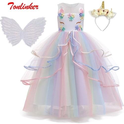 2020 Girls Princess Unicorn Dress Cosplay Costume Kids Layered Deluxe Gown Child Carnival Halloween Birthday Party Fancy Dress