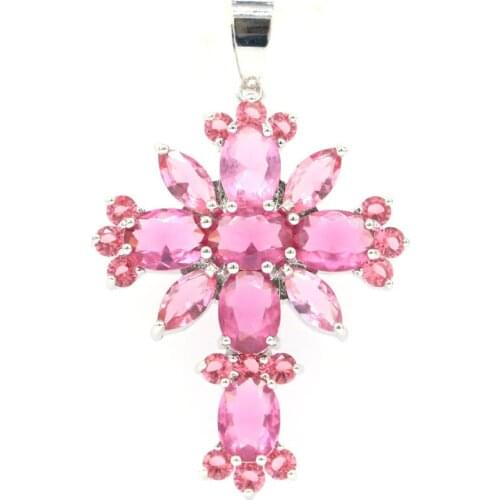42x32mm Gorgeous Created Pink Raspberry Rhodolite Garnet White Bright Cubic Zircon For Ladies Wedding Silver Pendant