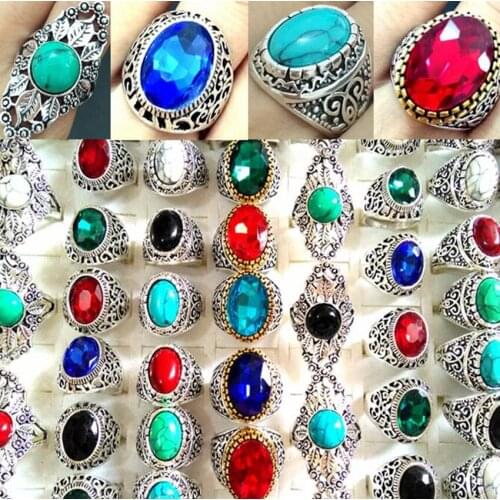 50pcs Luxury Metal Silver Color Tibet Antique Oval Amazing Turquoises Stone Crystal Rings for Men Women Cocktail Party