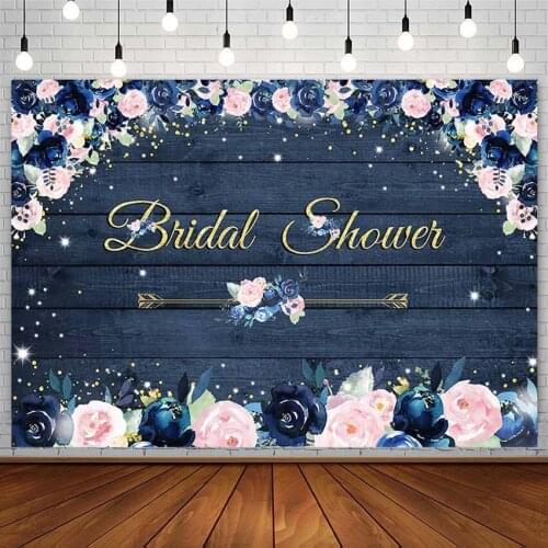 Pink Blue Flowers Backdrop Bridal Shower Floral Plank Board Customized Gold Photography Background Photo Studio Props Photozone