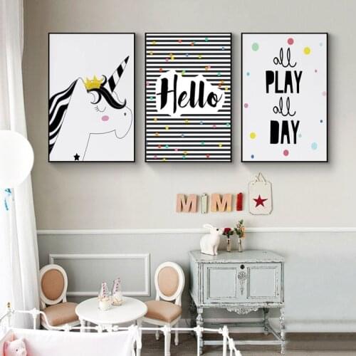 Black and White Modern Nursery Print Unicorn Wall Art Canvas Poster Kids Room Art All Play Scandinavian Painting Bedroom Decor