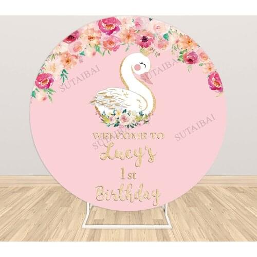Swan Circle Round Backdrop Cover Pink Flower 1st Birthday Party Baptism Baby Shower Wallpaper Photophone Banner Photo Background