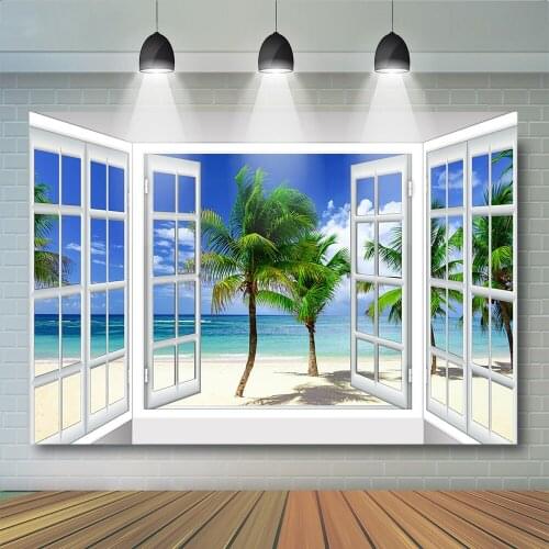 Coconut Tree Window Beach Blue Sky Photography Sea side Portrait Background Adult Kids Girl Summer Backdrop Waves Photostudio