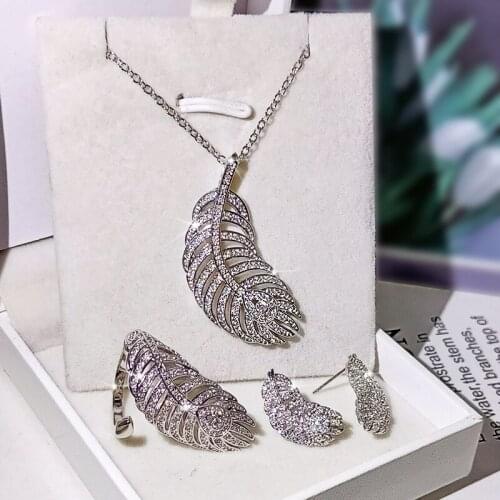 Luxury Female Crystal Feather Jewelry Set Charm Silver Color Stud Earring For Women Dainty White Wedding Ring Chain Necklace