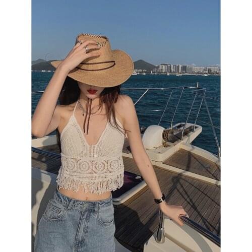 Summer Holiday Beach Camis Lady Sexy Tassels Crochet Camisole Women Sexy Tassels Bikini Camis Female Crochet Halter Bikini Tops