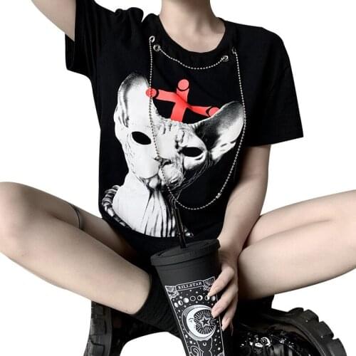 Summer Fashion Animal Print Harajuku Iron Chain Decorative Necklace Loose All-match Womens T-shirt Mid-length Korean Top