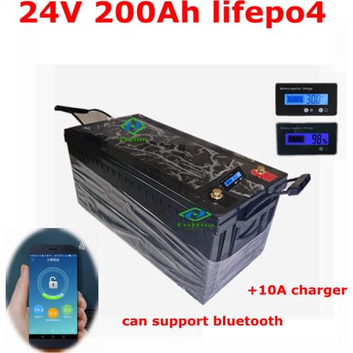24V 200AH lifepo4 lithium Battery with bluetiith BMS APP for 2000W Inverter Solar RV golf cart backup power + 10A Charger