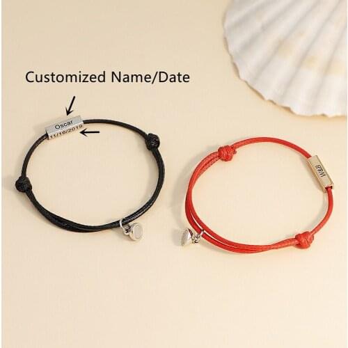 Customized Names Couples Magnetic Bracelets Memories Keepsake Lover Gift Hand woven Custom Carving Anniversary Birthday Date