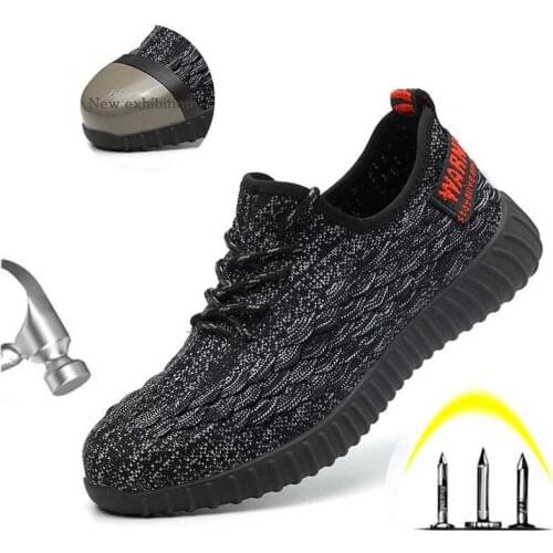 New Mens Flying Woven Safety Shoes Outdoor Breathable Steel Head Cap Non-Slip Rubber Steel Puncture Proof Sneakers Work Boots