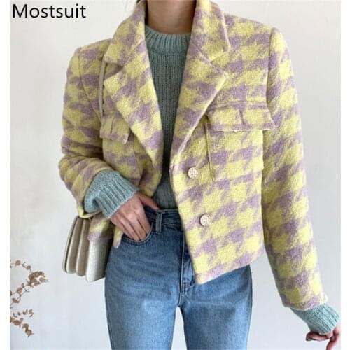 Winter Houndstooth Woolen Thicken Women Jacket Coat Notched Collar Single-breasted Pockets Coat Elegant Female Fashion Jacket