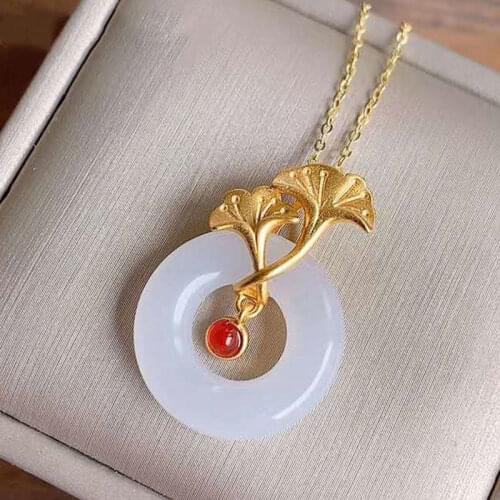 New silver inlaid natural Hetian Lanzhi jade safety ring pendant necklace Chinese style retro minority design womens jewelry