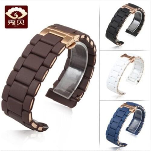 New Curved End 20mm 23mm Black Blue White Brown Silicone Rubber&Solid Steel Watchband Fit for Armani AR5920/AR5906/AR5905 Watch