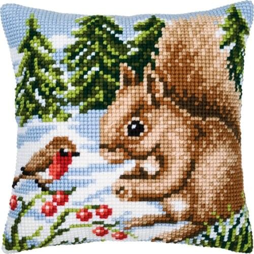 Cross Stitch Cushion Front Squirrel In Snow Needlepoint Kits Printed Canvas Chunky Yarn Cross-stitch Pillow Case Arts & Crafts