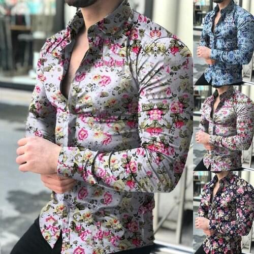 2020 Casual Men Fashion Floral Print Slim Fit Long Sleeve Button Turn Down Collar Shirt Top clothing for man