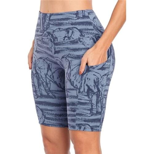 Printed Yoga Shorts with Pocket High Waist Women Biker Shorts Casual Stretchy Fitness Gym Sport Wear Running Tight Trousers