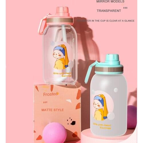 Cute large capacity with straw glass bottle cup student girl portable bottle simple and fresh with strap glass bottle