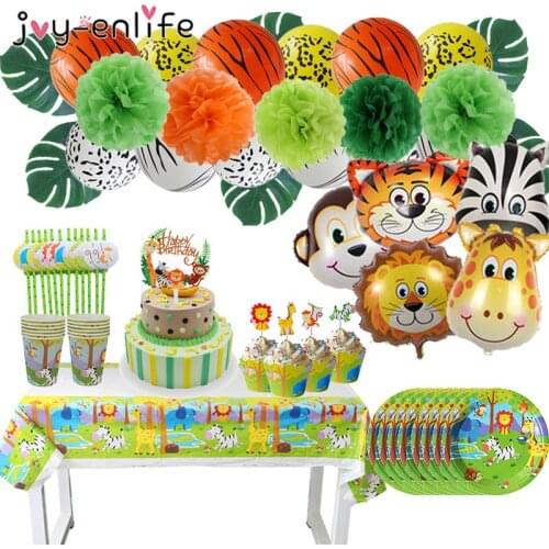 Jungle Animal Party Monkey Lion Foil Balloon Safari Birthday Party Decoration Kids Disposable Tableware Cake Toppers Baby Shower