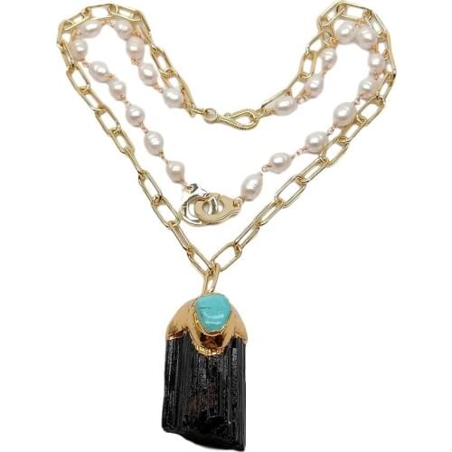 YYGEM Freshwater White Rice Freshwater Pearl Gold Filled Chain Natural Black Tourmaline Rough Pendant Necklace 18"