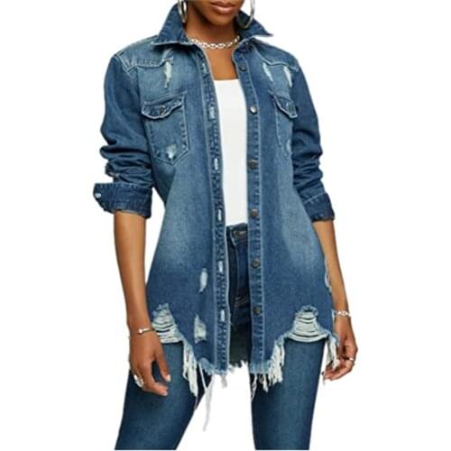 S-XXXL Women Denim Jacket Long Sleeve Lapel Button Down Ripped Jeans Jacket Coat