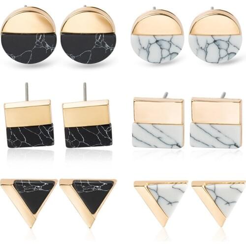 Round Triangle Square Marble Stone Pattern Black White Howlite Gold Color Geometric Metal Charm Stud Earrings For Women
