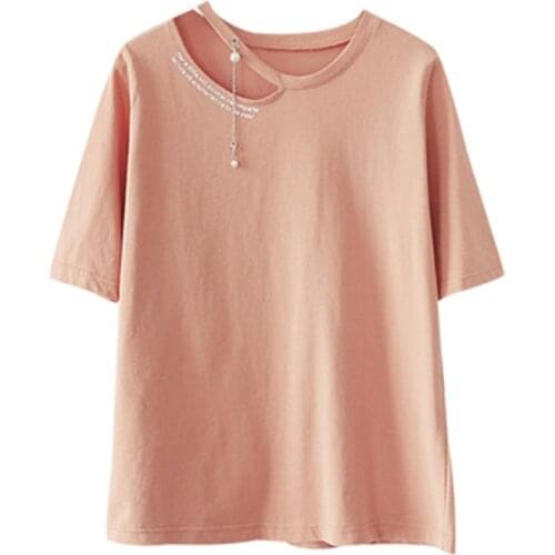 Camisetas Mujer Verano 2020 Funny Pearls Hollow Out T Shirts Women Cotton Short Sleeve T-Shirt Female Tops White Tee Shirt Femme