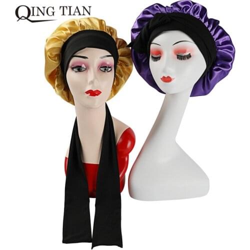 Virgin Hair Women Wigs Extensions Double Layer Satin Bonnet With Long Cotton Elastic Edge Scarf Band