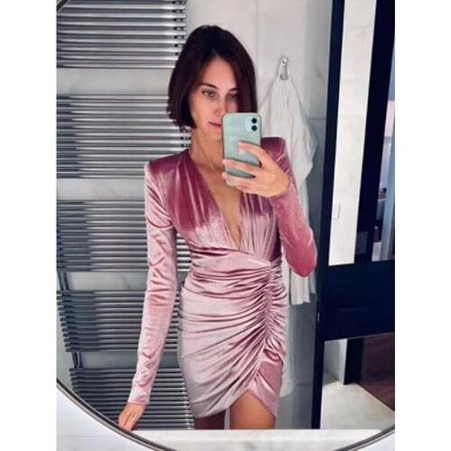 Velvet Vestidos Pink Pleated Sexy Deep V Neck Casual Bodycon Long Sleeve Women Party Dress 2021 Club Femme Robe Luxury G0036