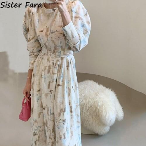 Sister Fara Spring Autumn Chic O-Neck Print Womens Dress Long Puff Sleeve Ankle-Length Dress Ladies High Waist Lace Up Dresses