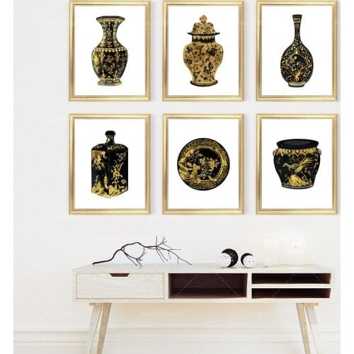 Gold and Black Chinese Style Vase Printable Art Set 6 Porcelain Posters, Chinese Porcelain Art Chinese Style Set Oriental Vase P