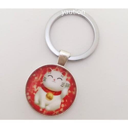 1pcs Red Maneki Neko Lucky Cat Glass Cabochon Tibet silver pendant Metal Key Ring