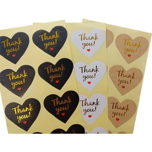 1000Pcs Heart shape Hot stamping sticker Golden thank you Black baking label For Handmade Products Diy Adhesive Sticker