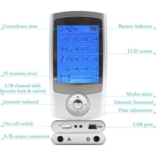 16 Modes+4 Pad 2in1 LCD Screen Dual Output Electric TENS Unit Physiotherapy Body Massager Mini Pain Relief EMS Muscle Stimulator