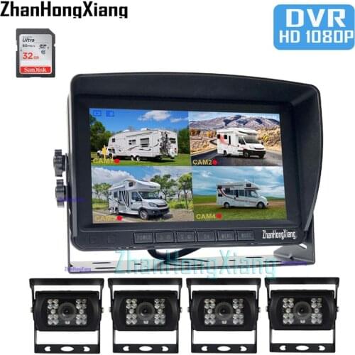 4x AHD 1080P 4Pin 18 LED IR Reverse Rear View Backup Camera Kit + 7" IPS 4CH Split Car DVR Monitor System 12V-24V RV Truck BUS