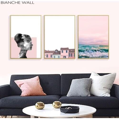 Watercolor Woman Shadow House Surf Landscape Abstract Wall Art Decoration Canvas Painting Print Poster Living Room Home Decor
