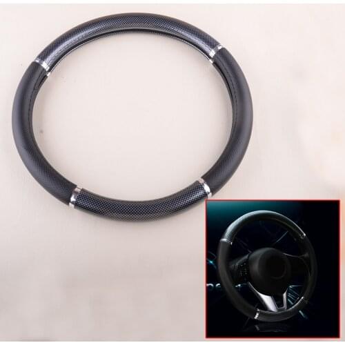 Black Car Steering Wheel Grip Cover For Most Vehicles Diameter 38cm Carbon Fiber Texture