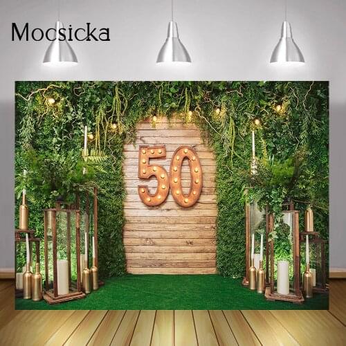 50th Birthday Party Backdrop Decorations Candle Green Jungle Leaves Wedding Backdrop Csutom DIY Happy Birthday Backdrops Props