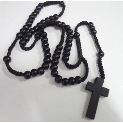 Wooden Rosary Beads Antique Cross Pendant Long Chains Necklaces for Women Men Catholic Christ Religious Jesus Jewelry Gifts