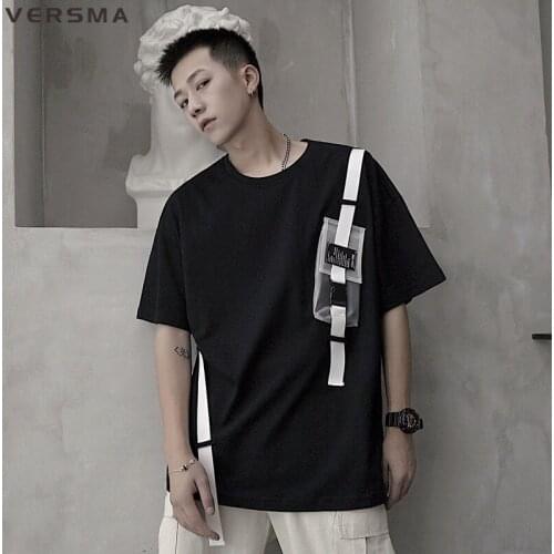 VERSMA Korean Ulzzang Kpop Ribbon Patchwork T-shirt Men Women Hip Hop Streetwear Rock Punk Unisex T Shirt Male 5XL Dropshipping