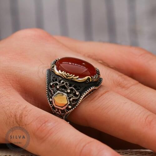 925 Silver Ring With Agate Stone. Mens Jewelry Stamped Silver Stamp 925 All sizes are available