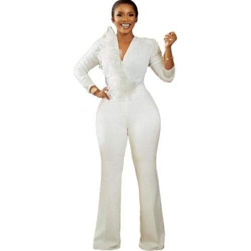 Overalls African Clothes Women Jumpsuits V Neck Full Sleeve Boot Cut Rompers Fashion Lace Appliques African Office Lady Outfits