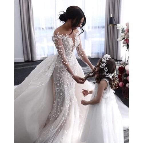 Beautiful Custom Made Lace Sweetheart Illusion Mermaid Long Sleeves Wedding Dresses Bridal Gowns With Detachable Train