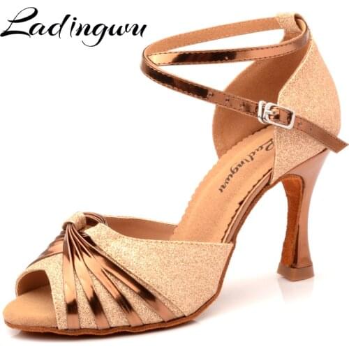 Ladingwu Glod Glitter Dance Shoes Latin Women Salsa Shoes Dance Sandals Ballroom Dancing Shoes For Women Soft Bottom Cuban heel