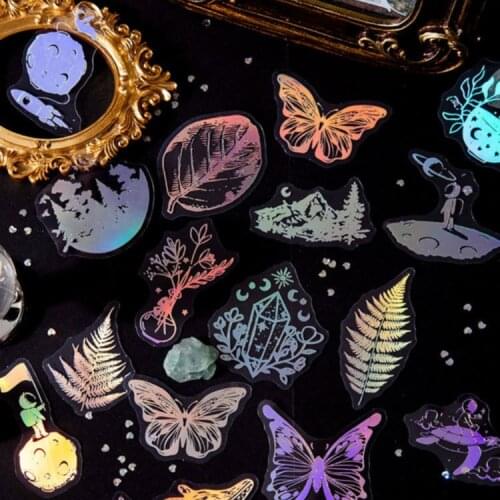 45 Pcs Planet Plant Flower Laser Stickers Fantasy Flash PET Stickers With 8 Themes Various Special Shapes For Diy Arts Journal