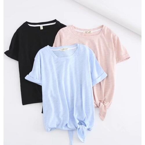 JC·KILIG 2021 Summer Dress New Solid Color Hem Knot Bamboo Cotton Short Sleeve Short T-Shirt Top XL6039